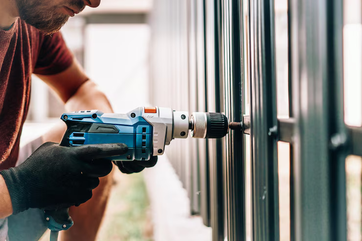 A man overalls drills into a door at a storefront lock repair service
