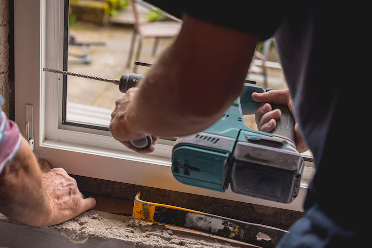 Professional locksmith installing a sliding window lock on a residential window