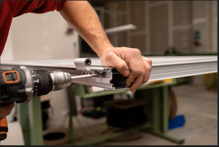 A Locksmith operates a drill to fasten a metal frame, showcasing door frame repair