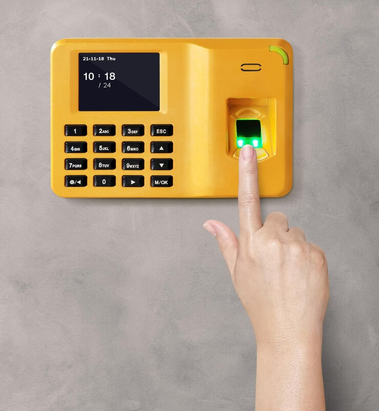 A hand pressing a fingerprint reader on a wall, illustrating the functionality of the All in 1 Locksmith Biometric Lock.