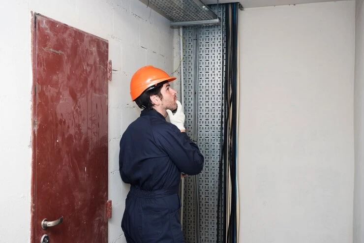 A man in a hard hat and safety vest stands checking emergency door