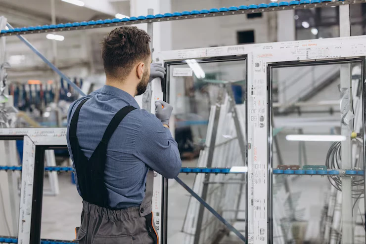 A man in overalls is fixing a window frame, highlighting the commercial door services offered by All in 1 Locksmith.