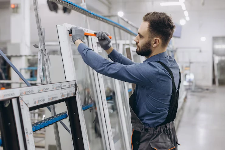 A man in overalls works on a window frame, showcasing the expertise of All in 1 Locksmith in commercial door services.