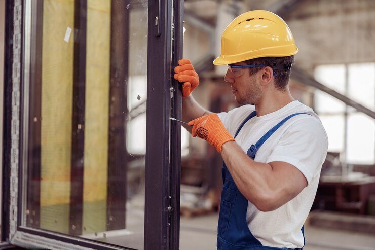 A man wearing a hard hat and safety glasses repairs a window, representing All in 1 Locksmith Service's sliding door repair.