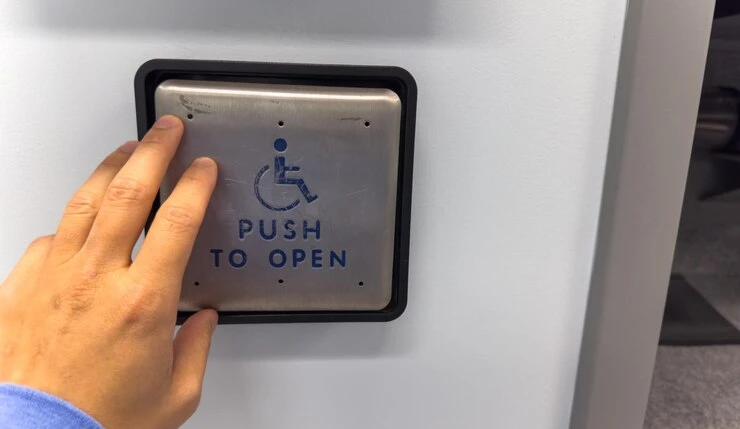 A person activates a handicap door opener button to open a door