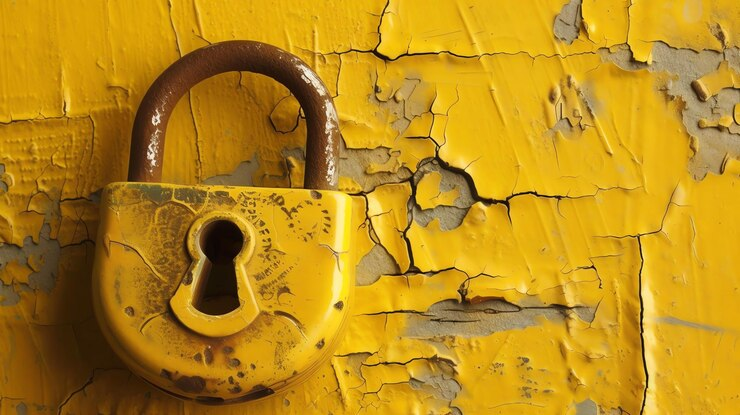 A yellow padlock mounted on a matching yellow wall.