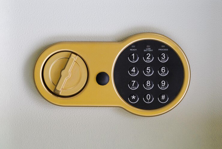 Biometric lock keypad in gold color on a white wall.