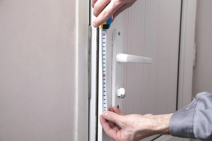 Locksmith measures a door handle, performing door alignment