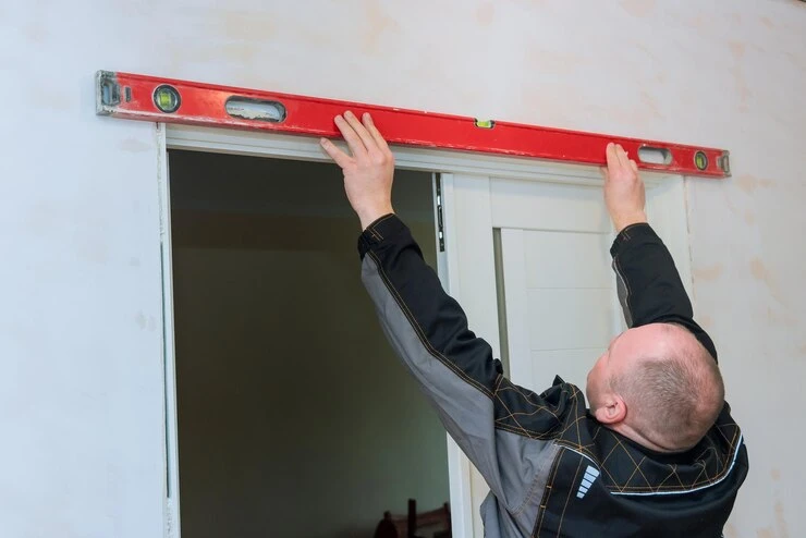 Locksmith measures the door handle for door alignment