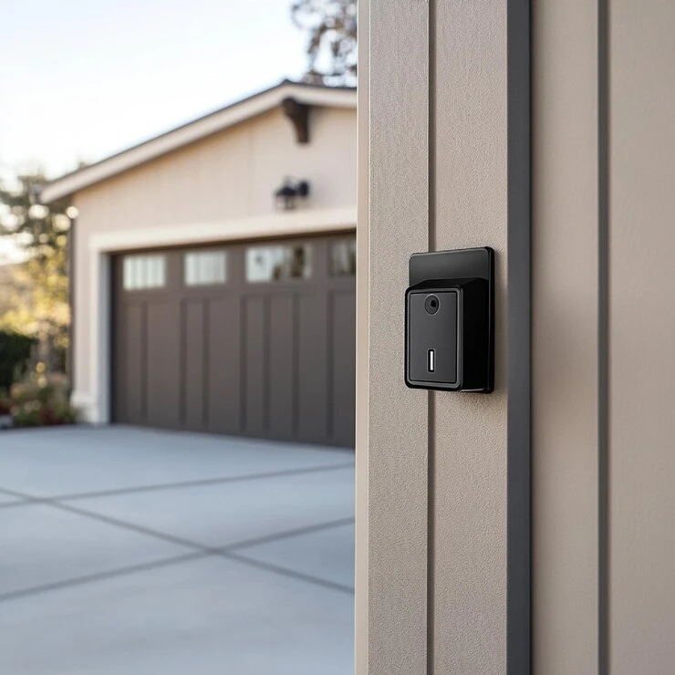 The image displays a smart door lock on a garage door, highlighting the All in 1 Locksmith Garage Door Keypad for convenience.