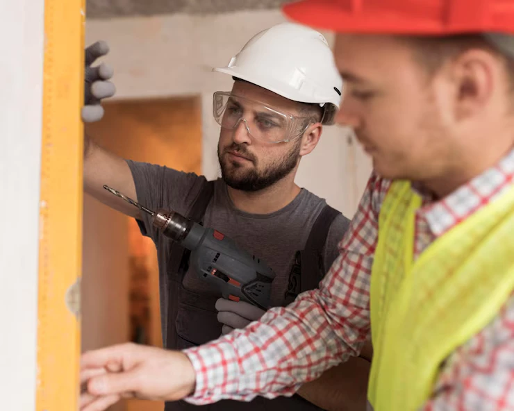 closeup locksmith repairing a wall,performing door frame repair.