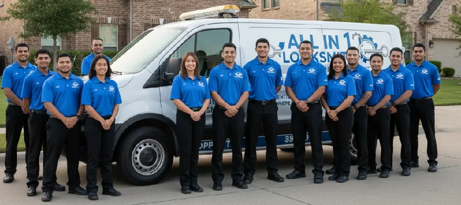 Friendly locksmith team in Coppell TX standing beside branded service van ready to assist.