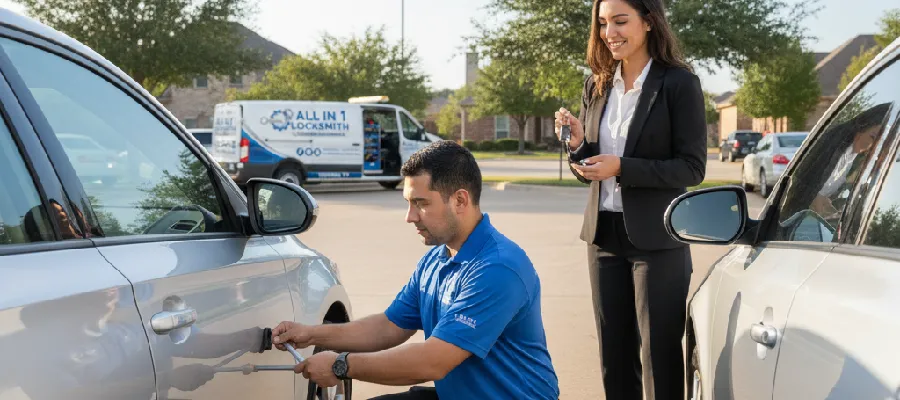 Auto locksmith unlocking car door during lockout in Coppell Texas parking lot.