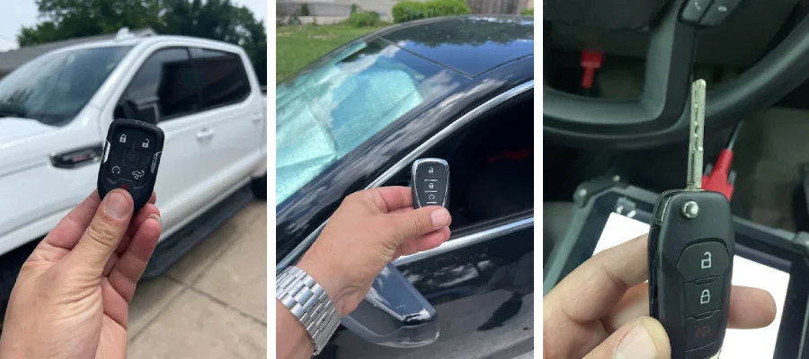 Collage showing a locksmith holding car keys and remote fobs during key replacement service in Coppell TX for various vehicles.