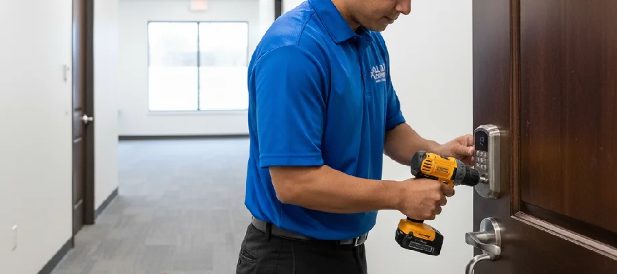 All in 1 locksmith installing a commercial keypad lock at an office in Coppell
