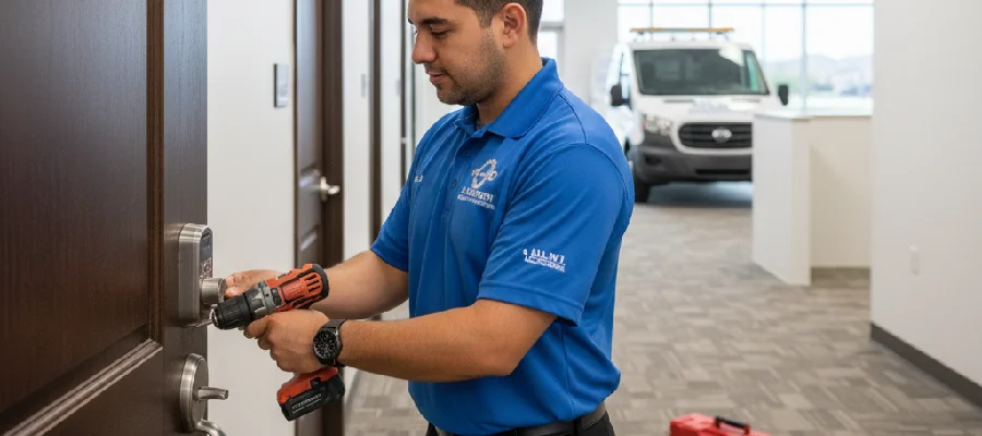 Professional locksmith securing office doors with access control system in Coppell TX.