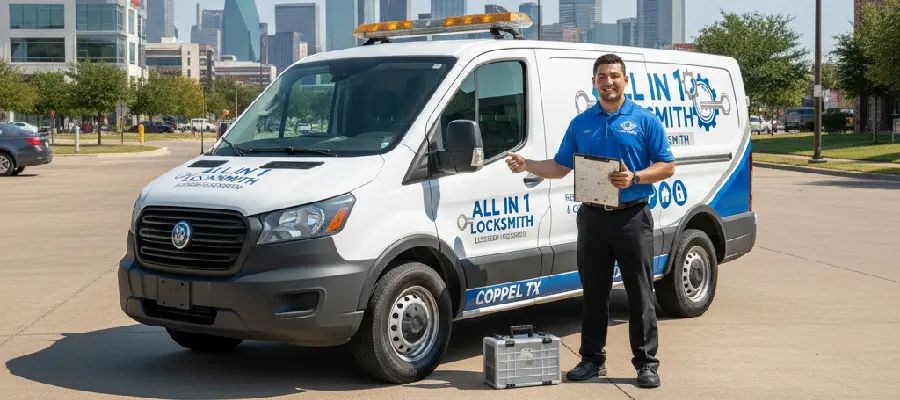 All in 1 Locksmith technician providing local locksmith services across Coppell and DFW area.