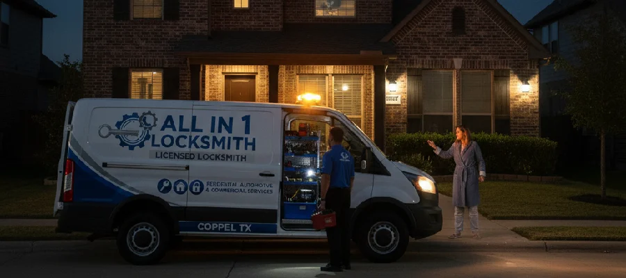 Locksmith responding to late-night home lockout emergency in Coppell Texas.