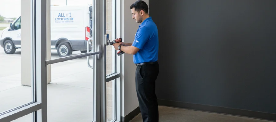 Locksmith upgrading high-security door locks for Coppell business property.