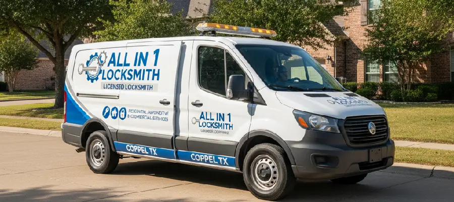 Fully equipped locksmith van providing mobile service around Coppell TX neighborhoods.