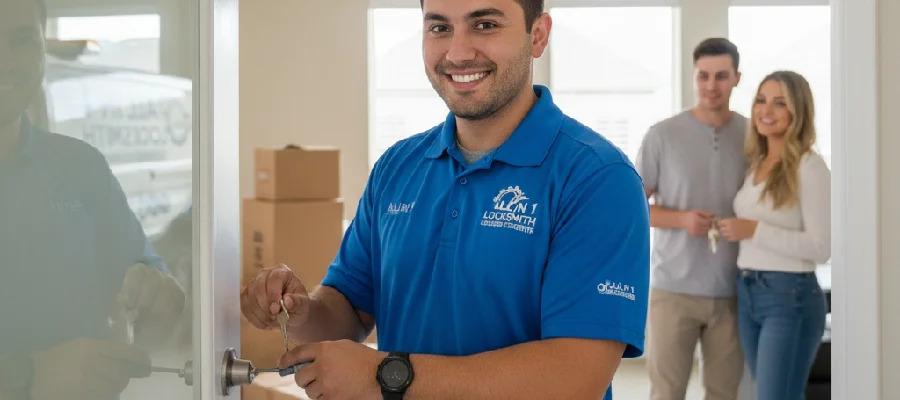 Locksmith rekeying residential door locks after move-in day in Coppell Texas.