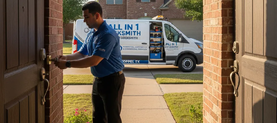 Locksmith installing new locks and smart deadbolt on a Coppell TX home front door.